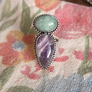 Elegant Silver Amethyst and Green Stone Ring
